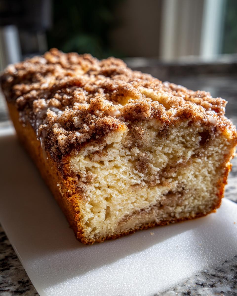 A close-up of a moist coffee cake with a cinnamon streusel topping, showing the crumb texture and swirl.