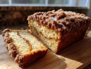 A slice of moist coffee cake with a thick streusel topping and a drizzle of icing.