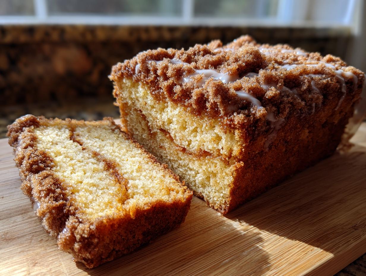 A slice of moist coffee cake with a thick streusel topping and a drizzle of icing.