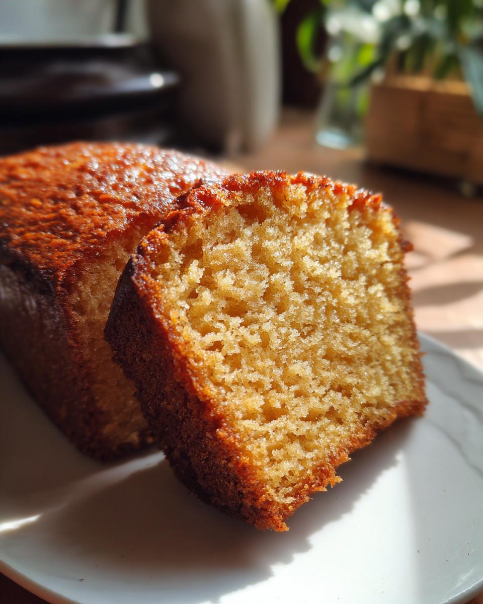 A close-up of a moist honey cake slice on a white plate, showing its golden-brown crust and fluffy interior.