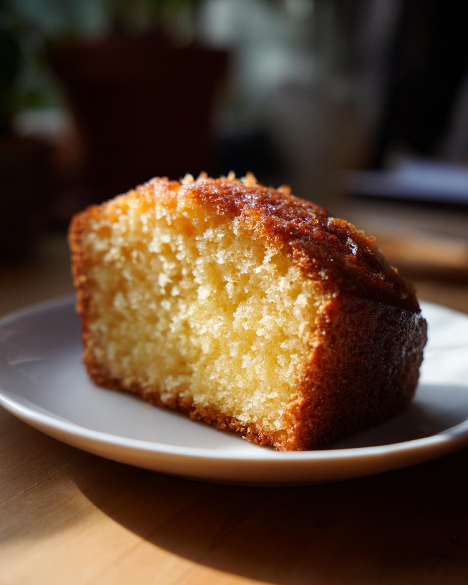 A close-up of a moist honey cake slice on a white plate, with a golden-brown crust and a fluffy interior.