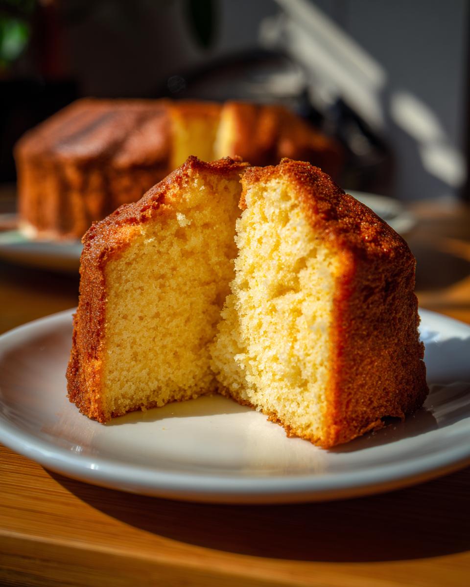 A close-up of a moist Honey Cake, sliced in half and presented on a white plate.