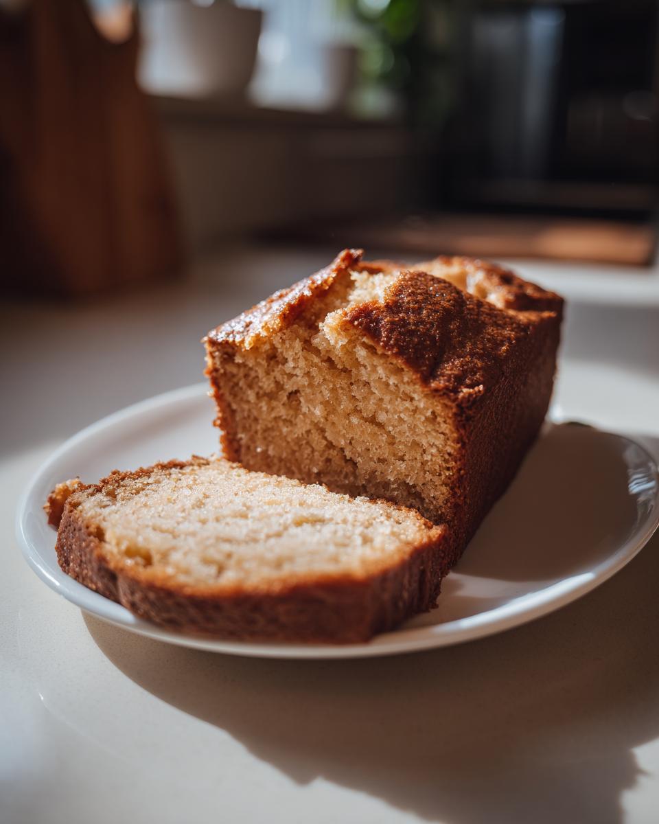 A close-up of a moist honey cake, with one slice cut and placed on a white plate.