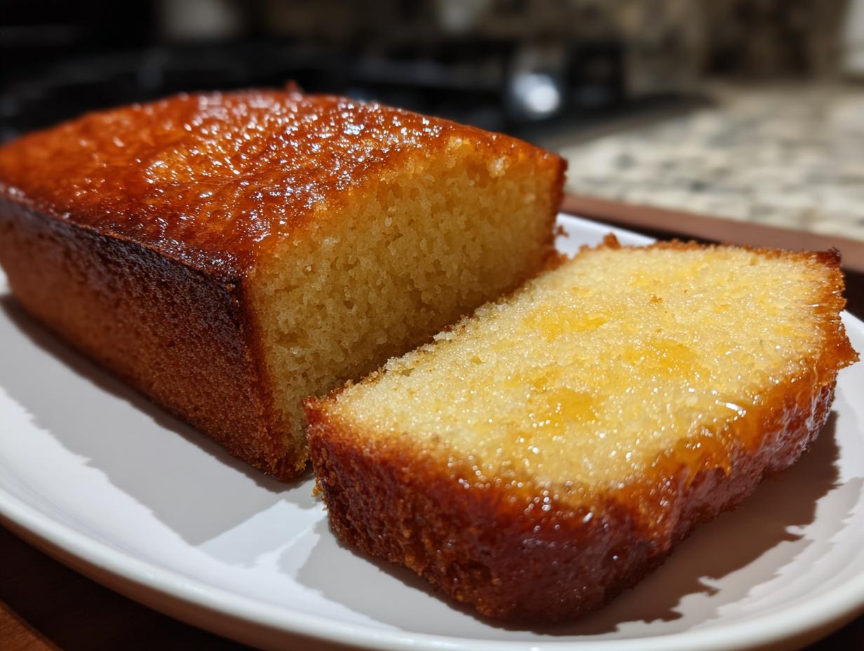 A close-up of a moist Honey Cake, with one slice cut and showing a glistening honey glaze.