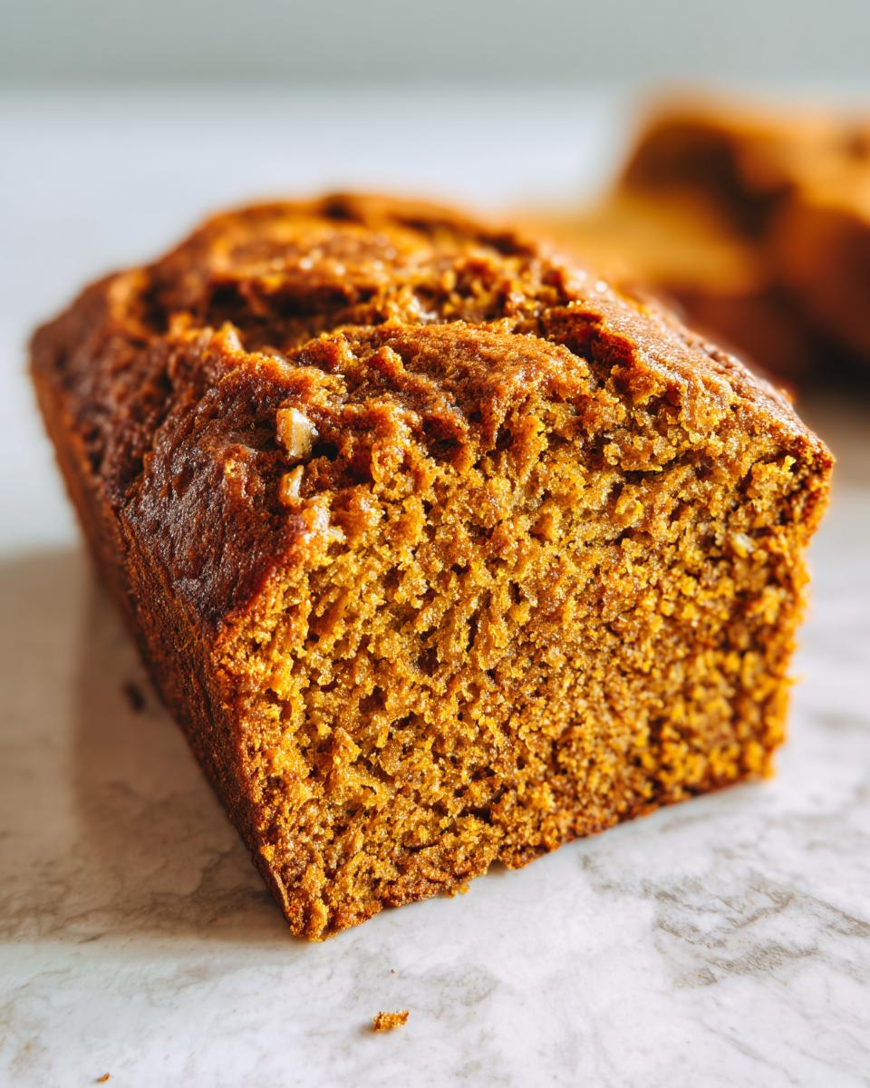A close-up view of a moist pumpkin bread loaf, showcasing its rich texture and golden-brown crust.