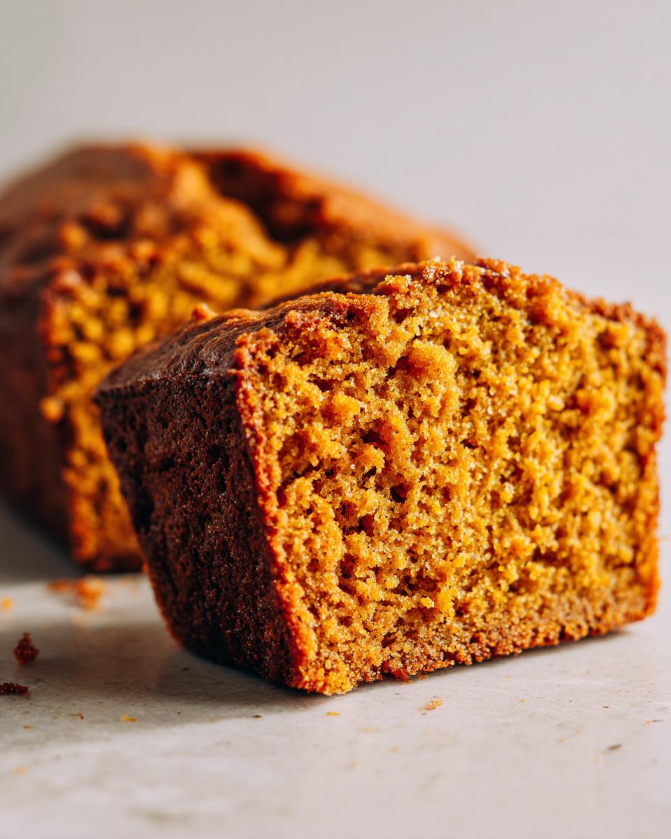 Close-up of a moist slice of pumpkin bread, showing its tender crumb and rich color.