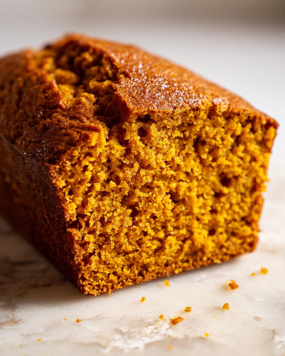 A close-up of a slice of moist pumpkin bread, showing its tender crumb and rich orange color.