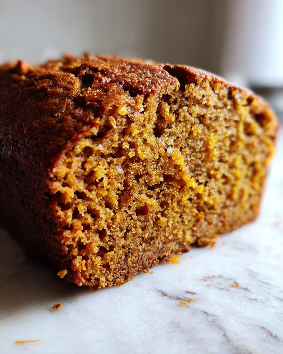 A close-up view of a moist slice of pumpkin bread, showcasing its tender crumb and rich color.