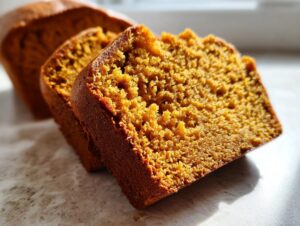 Close-up of moist pumpkin bread slices, showcasing the tender crumb and rich orange color.