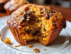 Close-up of a moist pumpkin muffin with chocolate chips, with a bite taken out.