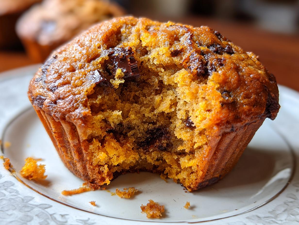 Close-up of a moist pumpkin muffin with chocolate chips, with a bite taken out.