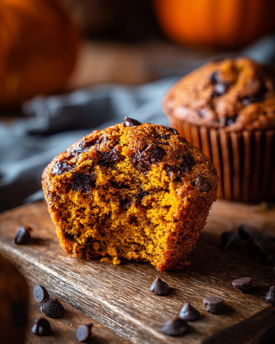 Close-up of a moist pumpkin muffin with chocolate chips, with a bite taken out.