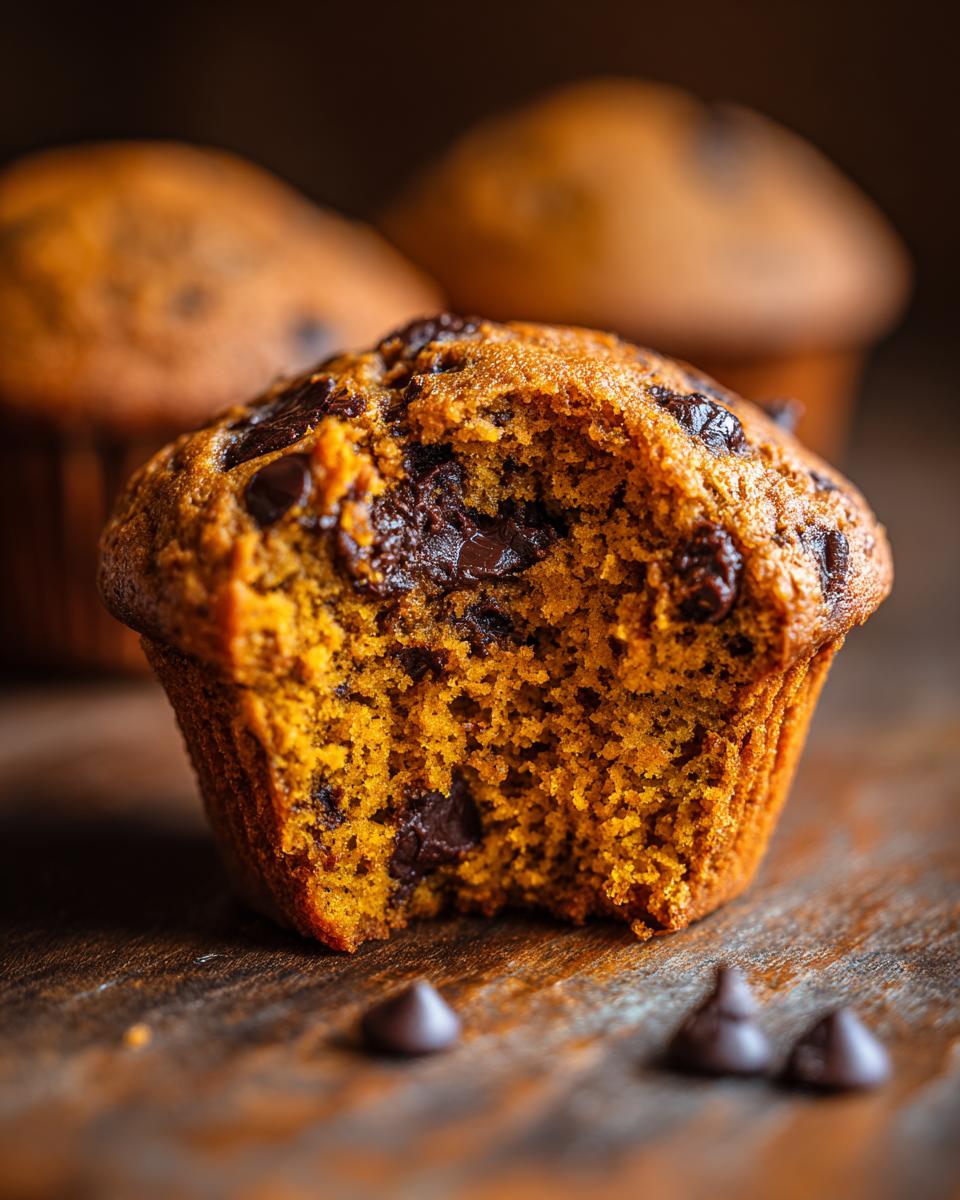 Close-up of a moist pumpkin muffin with chocolate chips, showing a bite taken out.
