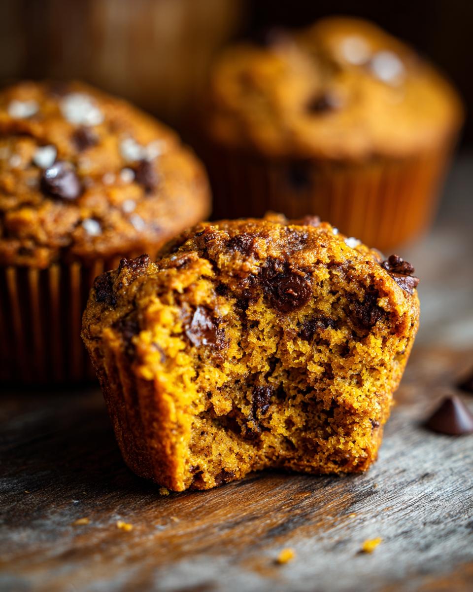 Close-up of a moist pumpkin muffin with chocolate chips, showing a bite taken out.