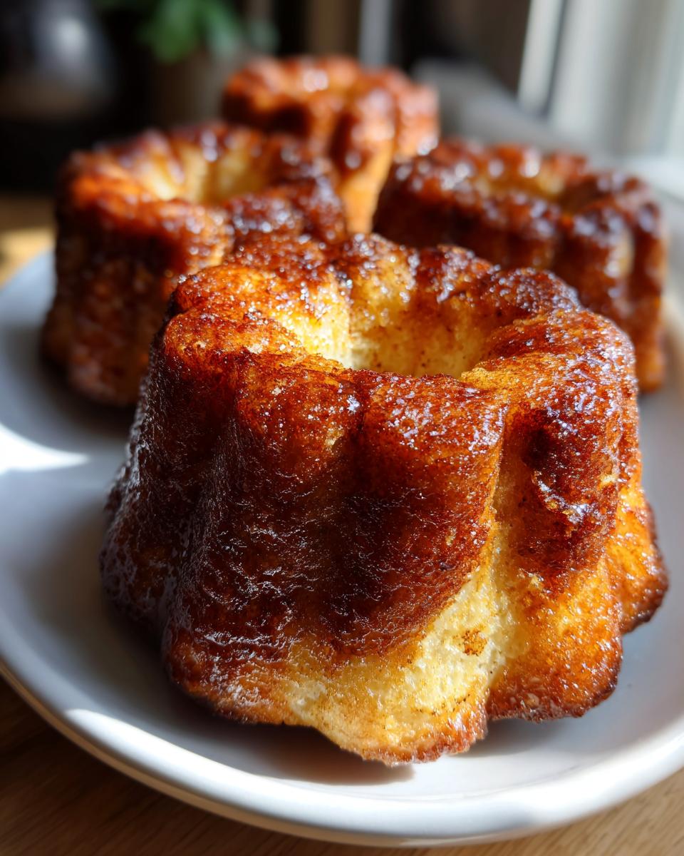 Close-up of four golden brown monkey bread bundt cakes on a white plate, glistening with caramel.