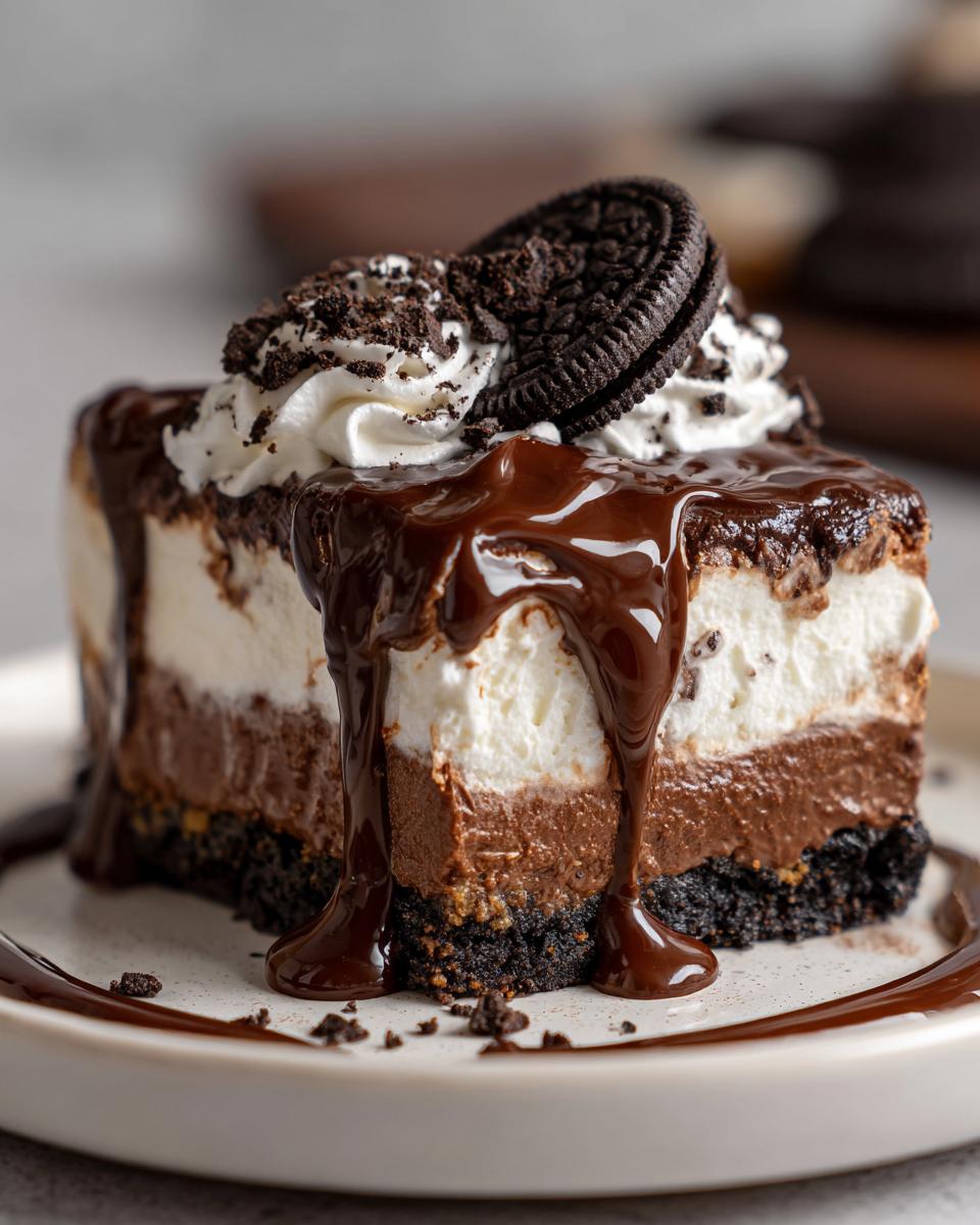 A decadent slice of no-bake chocolate lasagna topped with whipped cream, chocolate sauce, and an Oreo cookie.