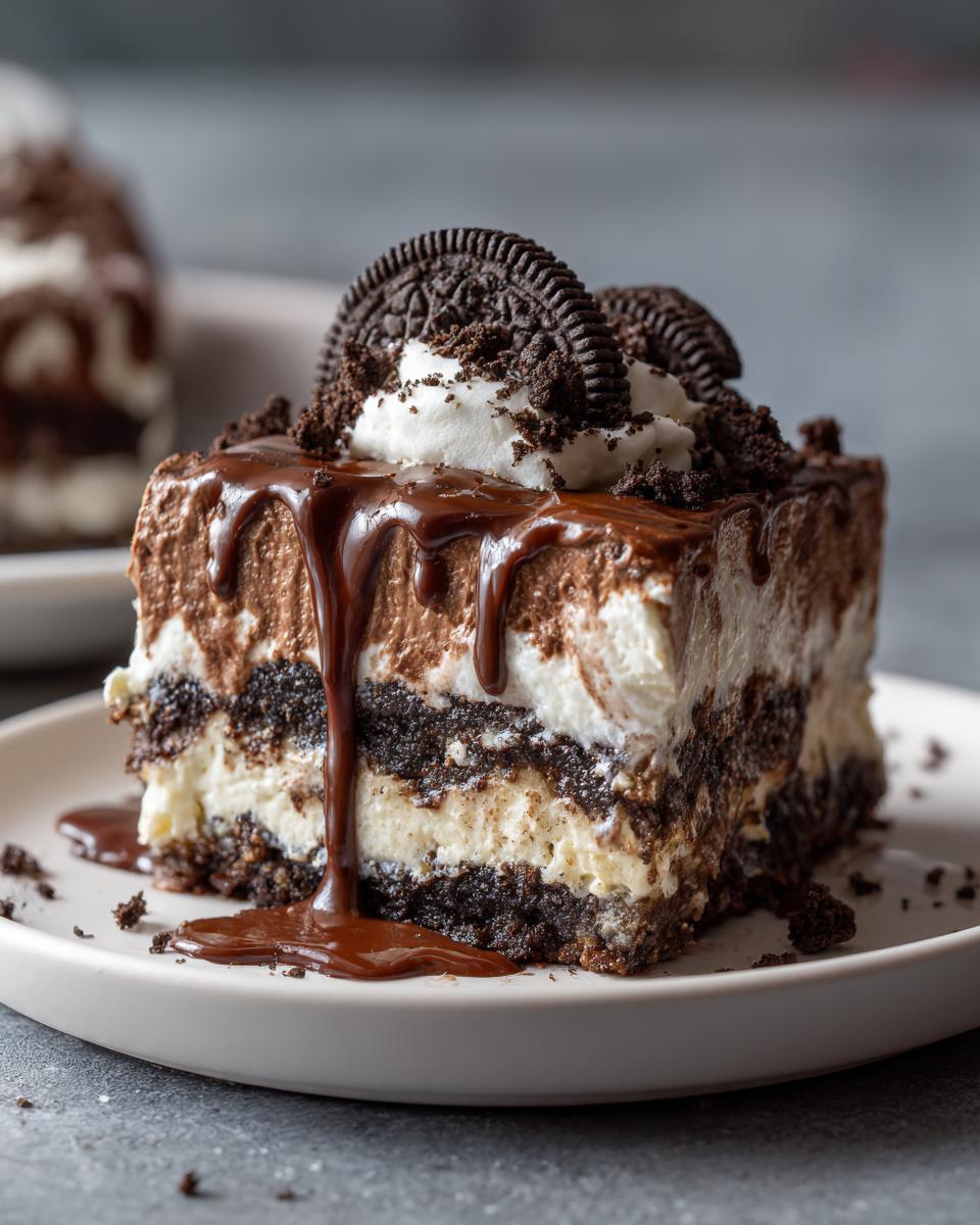 A decadent slice of no-bake chocolate lasagna topped with whipped cream, chocolate drizzle, and Oreo cookies.