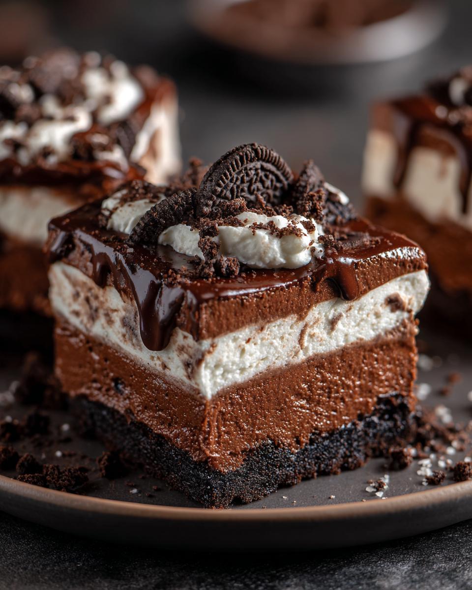 A decadent slice of no-bake chocolate lasagna with layers of chocolate mousse, cream filling, and an Oreo crust, topped with whipped cream and chocolate drizzle.