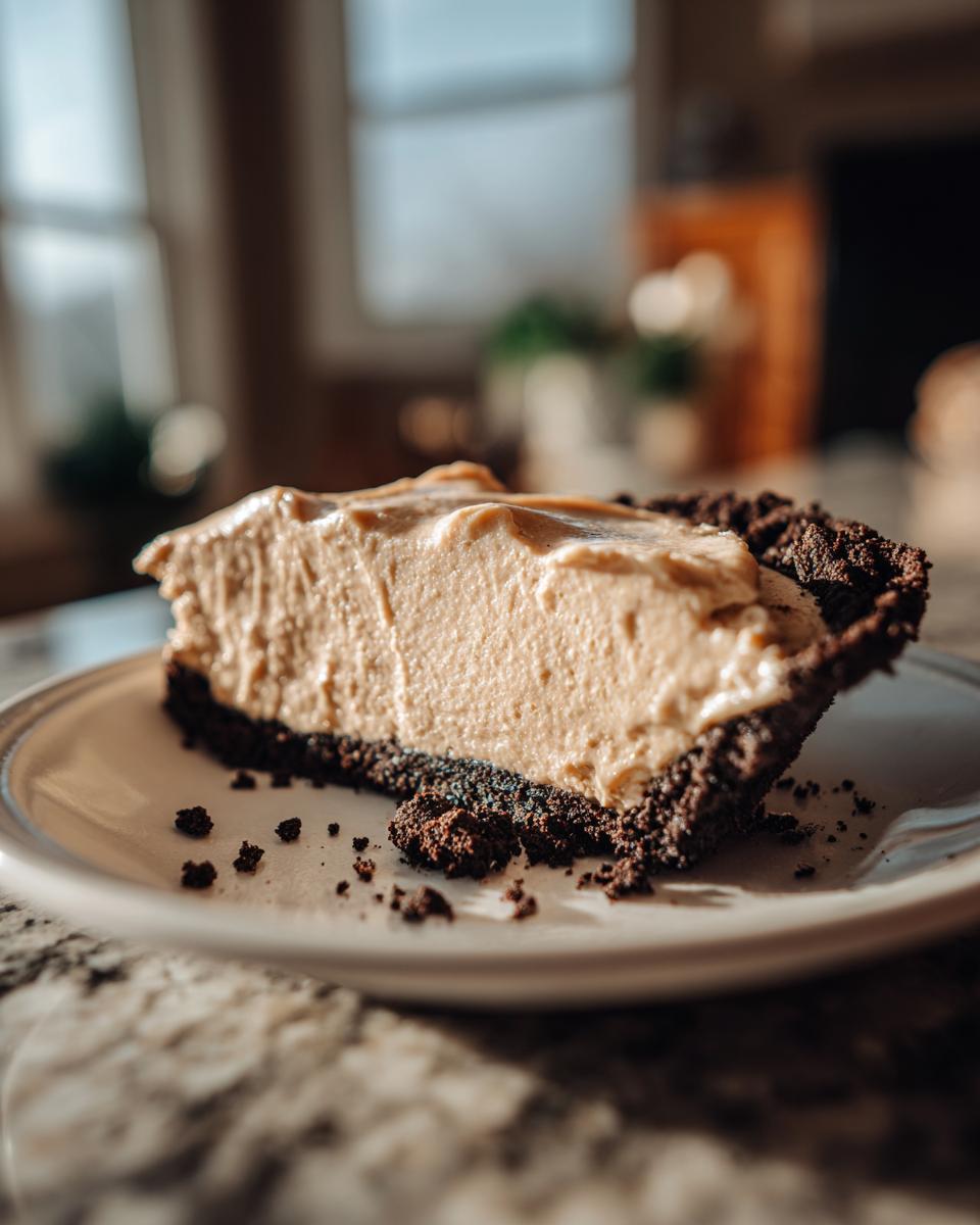 A decadent slice of no-bake peanut butter pie with a chocolate crust on a white plate.