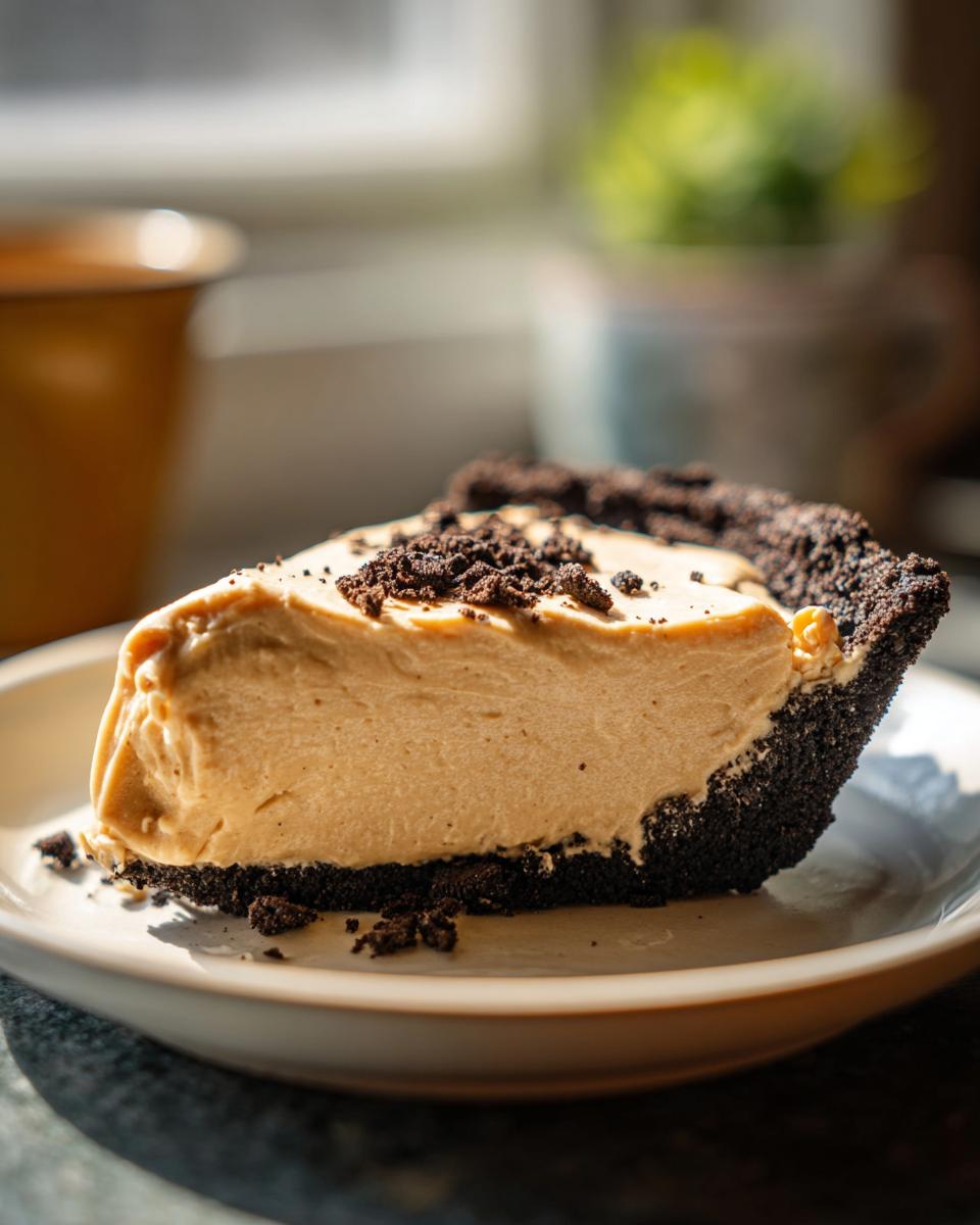A delicious slice of no-bake peanut butter pie with a chocolate cookie crust and crumbled topping.