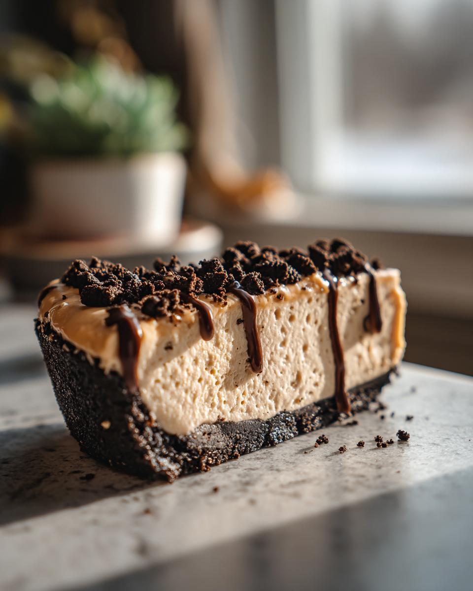 A close-up of a slice of no-bake peanut butter pie, topped with chocolate cookie crumbs and drizzled with chocolate sauce.
