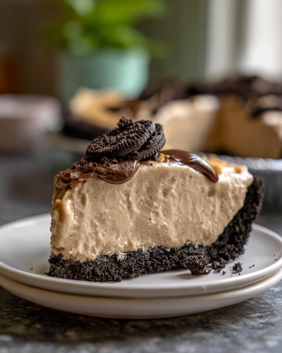 A delicious slice of no-bake peanut butter pie, topped with chocolate drizzle and Oreos, on a white plate.