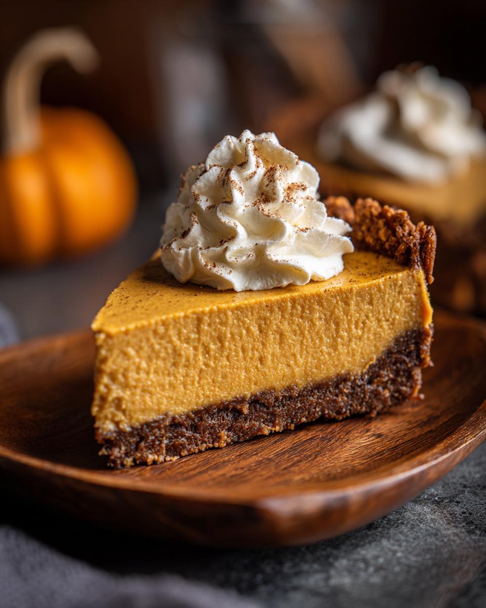A slice of fluffy no bake pumpkin cheesecake topped with whipped cream and cinnamon, served on a wooden plate.