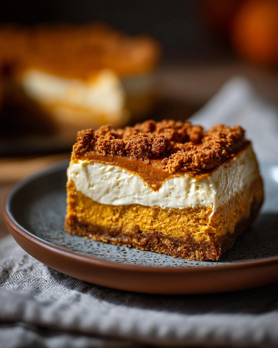 A delicious slice of no bake pumpkin cheesecake with a creamy white topping and crumbly crust.