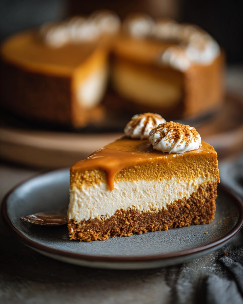 A slice of no bake pumpkin cheesecake with a graham cracker crust, topped with caramel and whipped cream.