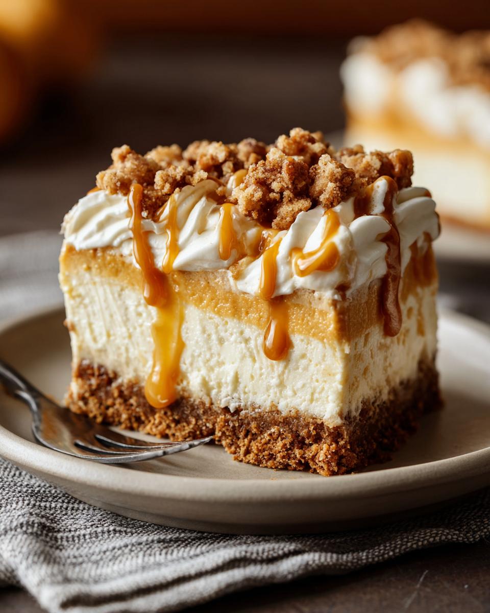 A slice of fluffy no bake pumpkin cheesecake topped with whipped cream, caramel drizzle, and crumble topping.