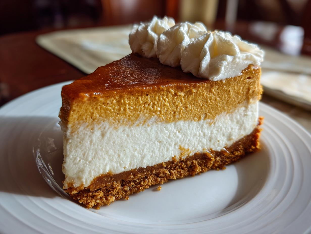 A slice of fluffy no bake pumpkin cheesecake with a creamy white layer and whipped cream topping.