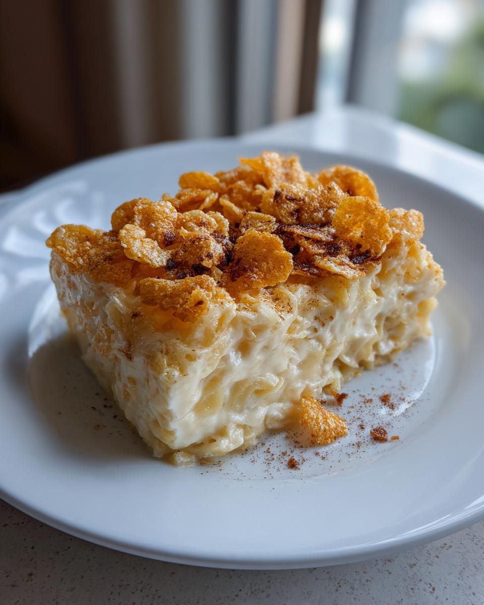 A generous slice of creamy noodle kugel topped with crunchy corn flakes and a dusting of cinnamon.