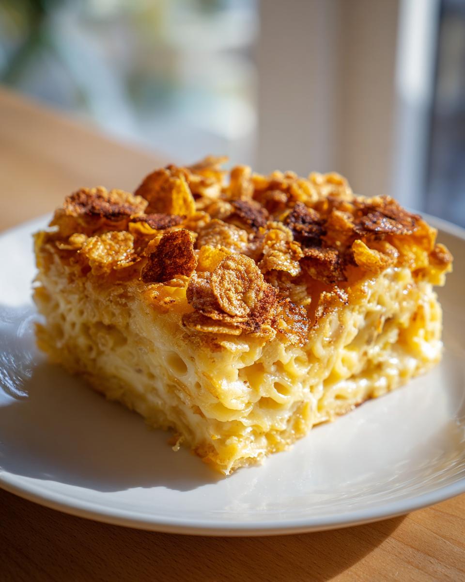 A slice of Noodle Kugel on a white plate, topped with crunchy, cinnamon-dusted cereal.