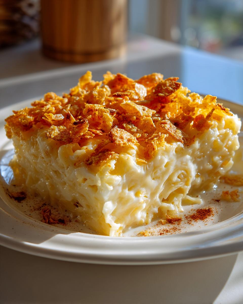 A close-up of a slice of Noodle Kugel, a creamy noodle casserole topped with crunchy, toasted cereal.