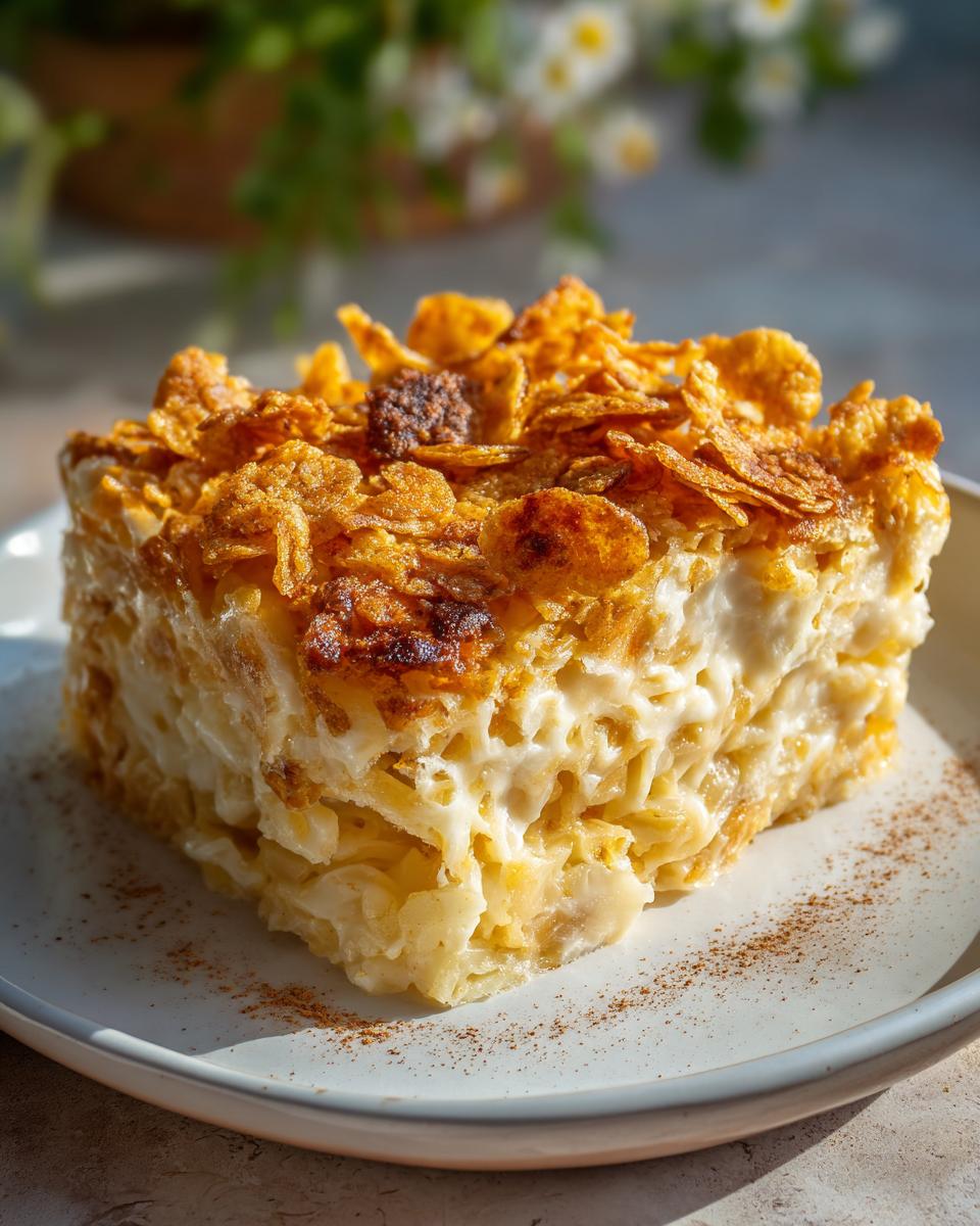 A delicious slice of Noodle Kugel, topped with crunchy cornflakes and a dusting of cinnamon.