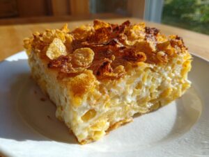 A slice of baked noodle kugel with a crunchy cereal topping on a white plate.
