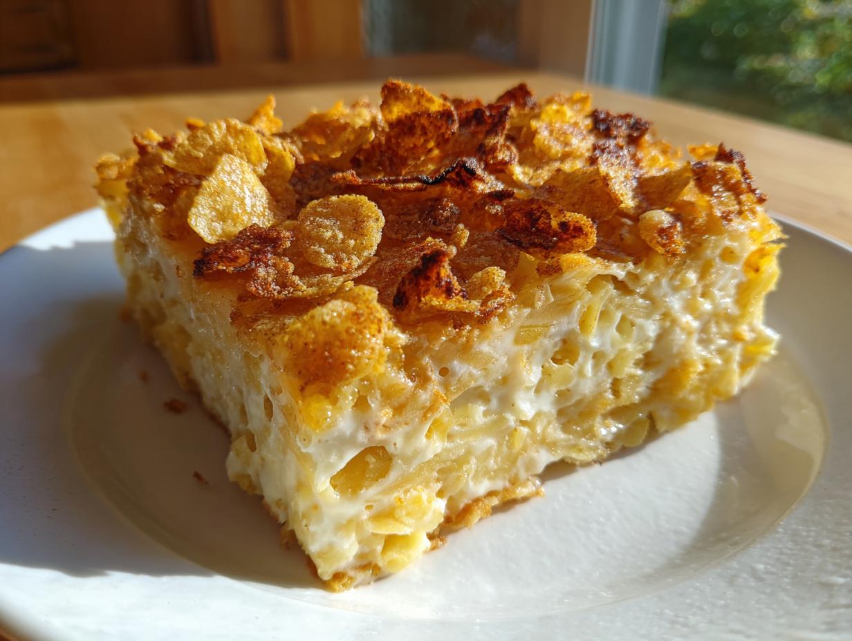 A slice of baked noodle kugel with a crunchy cereal topping on a white plate.