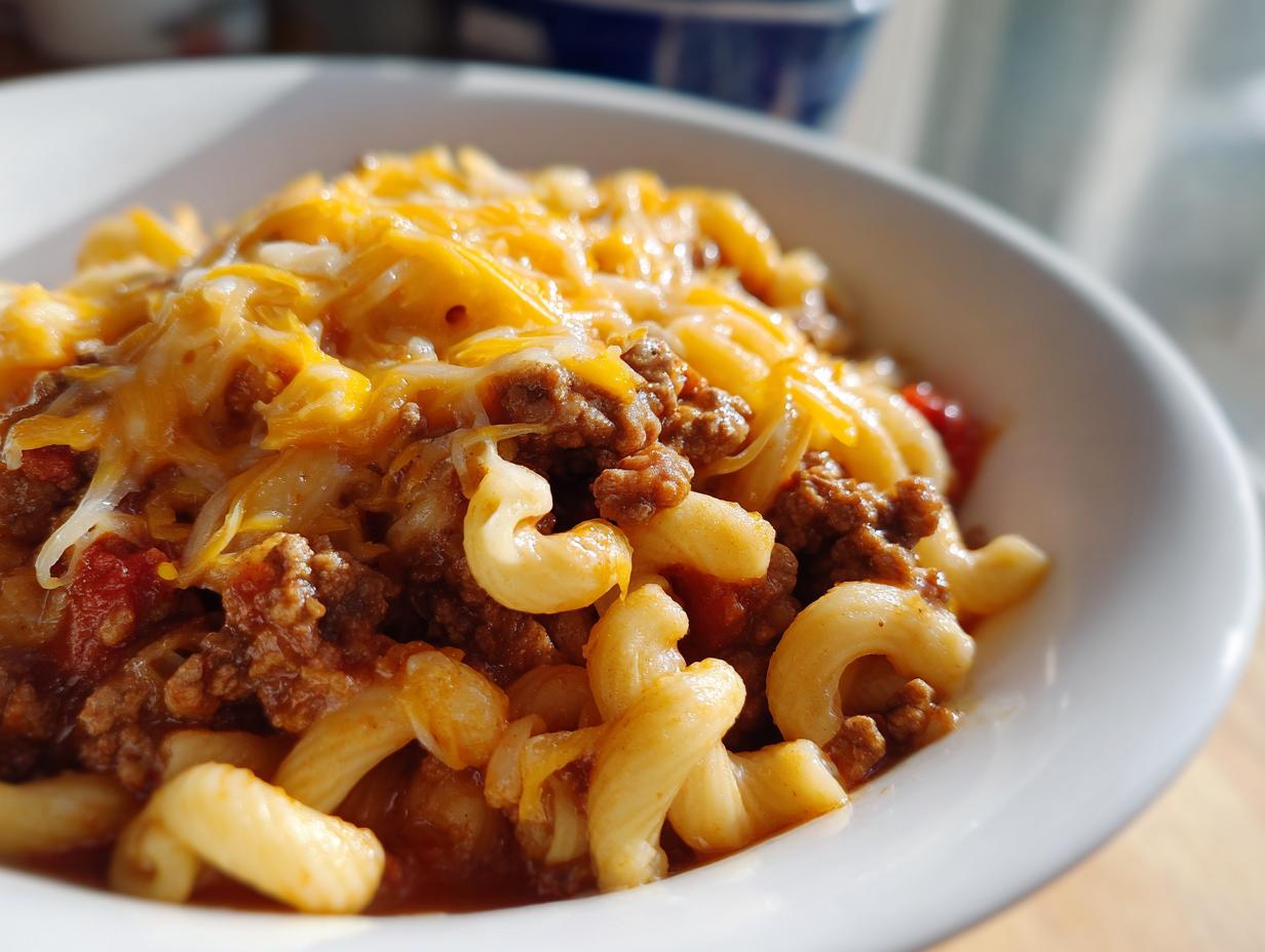 A close-up of a bowl of one pot chili mac, featuring elbow macaroni, seasoned ground beef, and melted cheddar cheese.