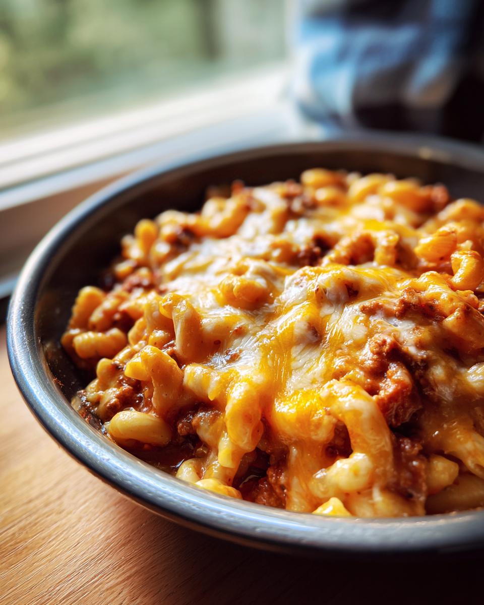 Close-up of a bowl of one pot chili mac topped with melted golden cheese.