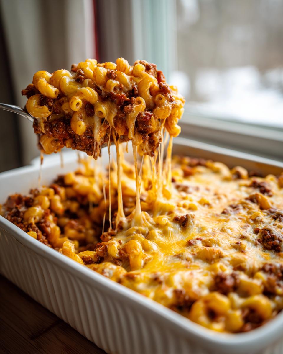 A scoop of one pot chili mac with gooey melted cheese dripping down.