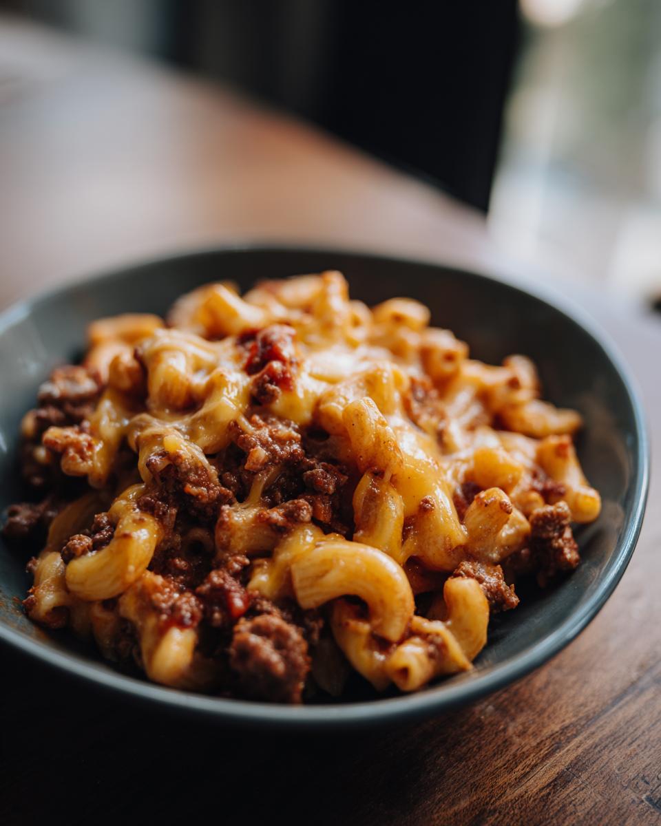 A close-up of a bowl filled with cheesy one pot chili mac, featuring elbow macaroni and seasoned ground beef.