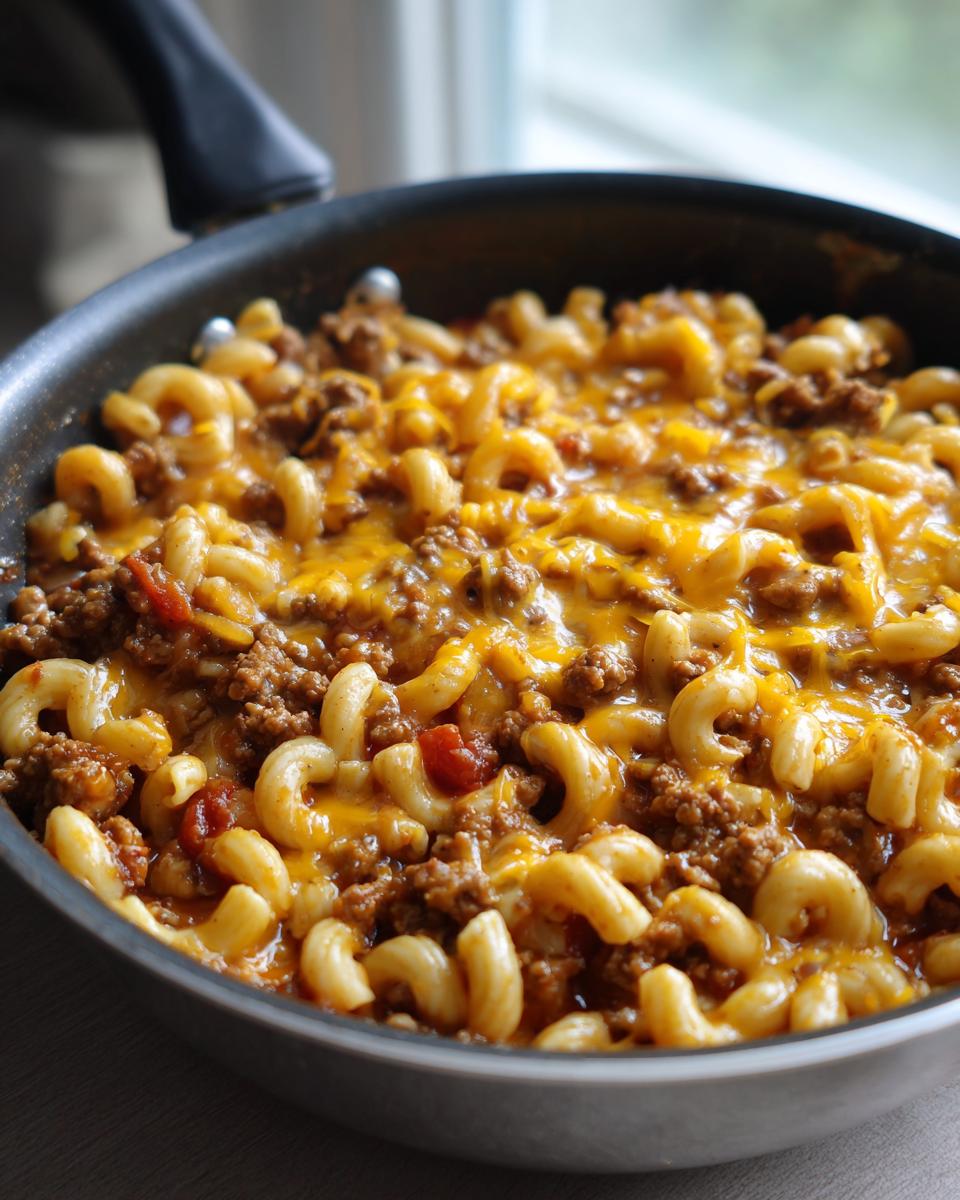 Close-up of a skillet filled with cheesy one pot chili mac, featuring elbow macaroni and seasoned ground beef.