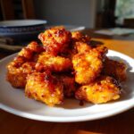 A pile of crispy, glazed orange chicken pieces on a white plate, glistening in the sunlight.