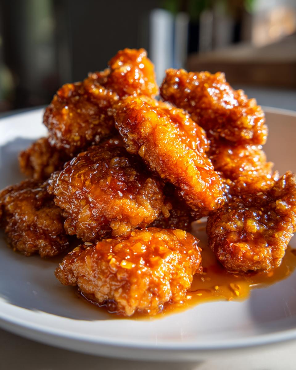 A pile of crispy, glazed orange chicken pieces on a white plate.