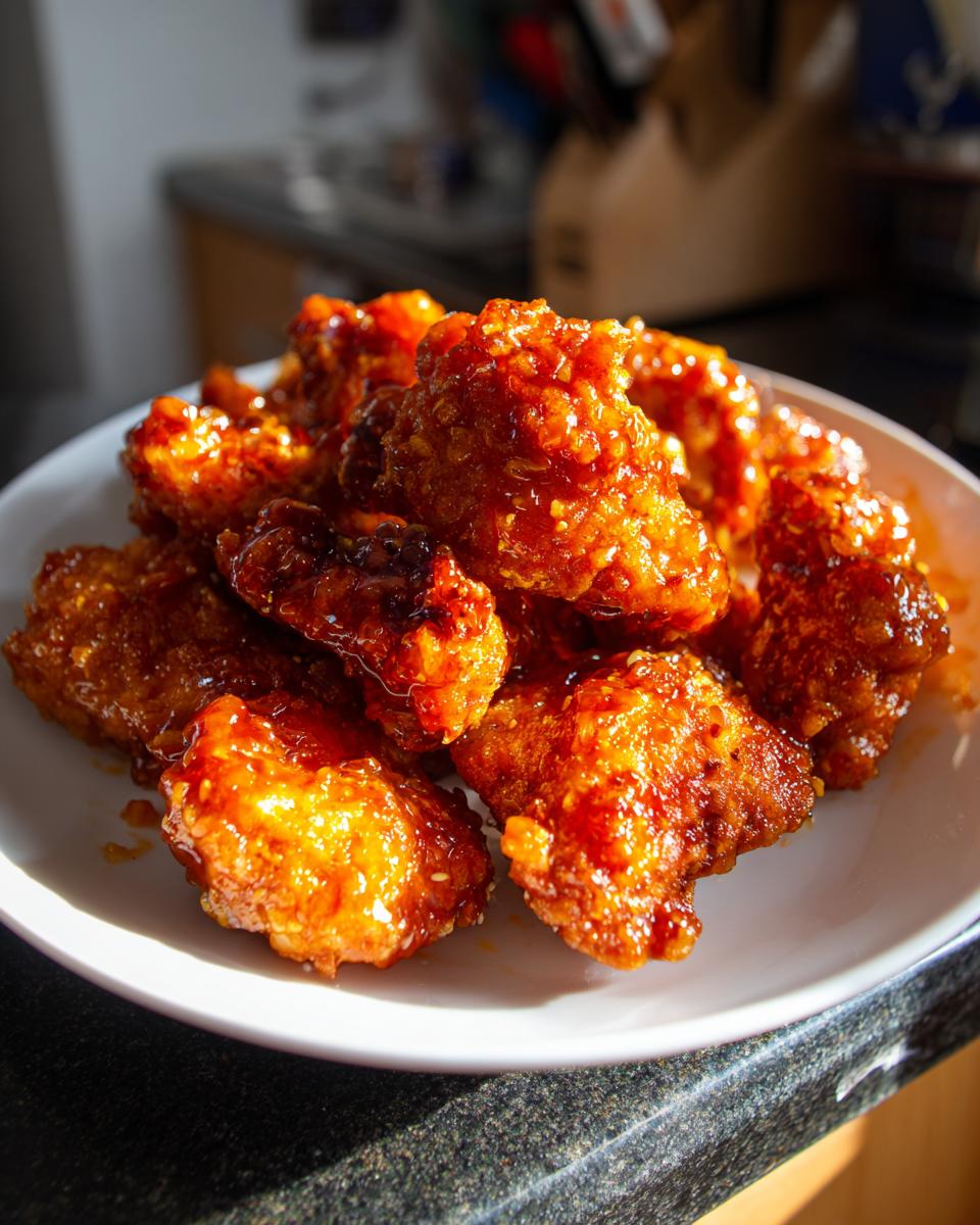 A close-up of a white plate filled with crispy, glazed orange chicken pieces.