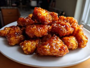 A pile of crispy, glazed orange chicken pieces sprinkled with sesame seeds on a white plate.