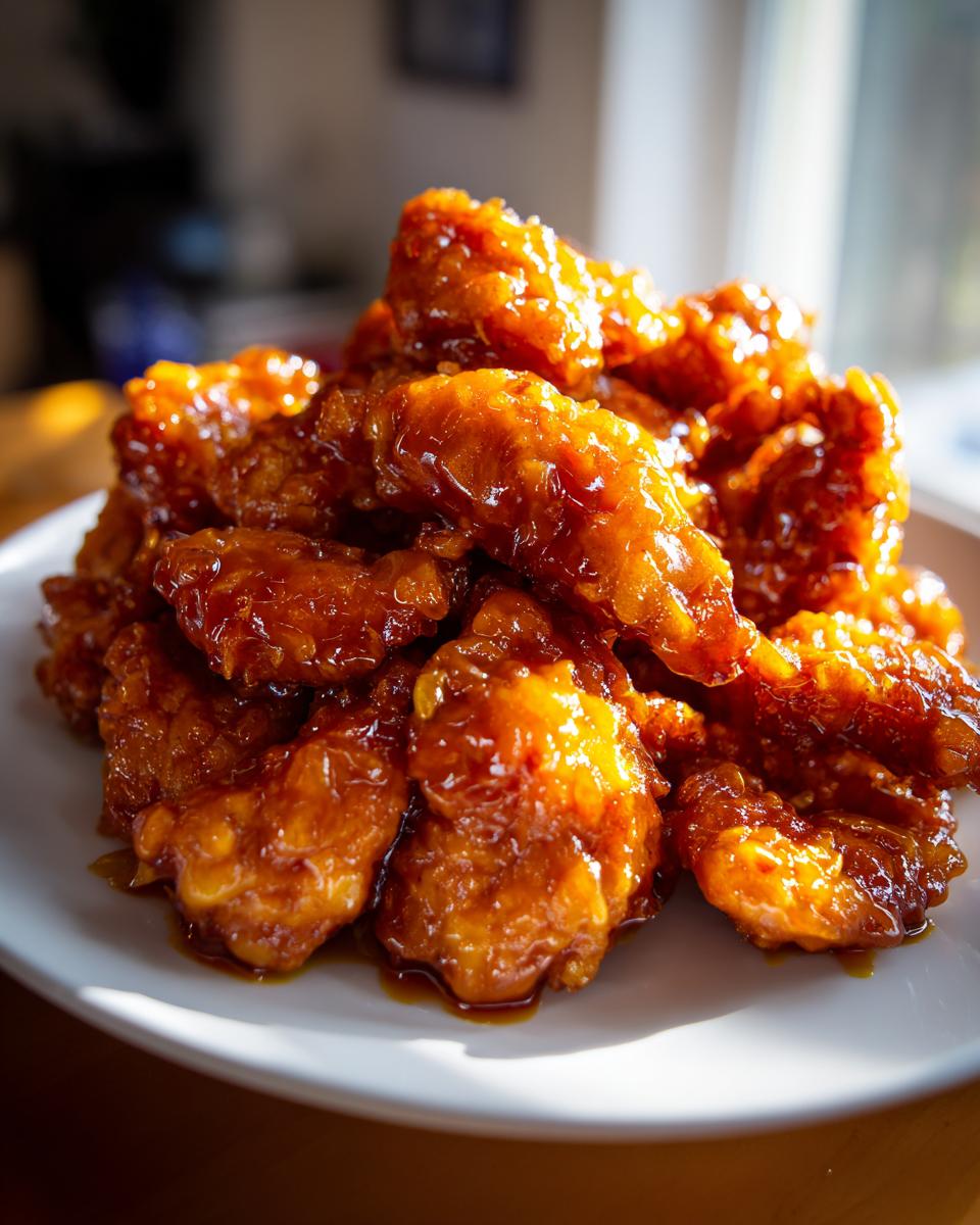 A pile of crispy, glistening orange chicken pieces coated in a sweet and tangy sauce on a white plate.