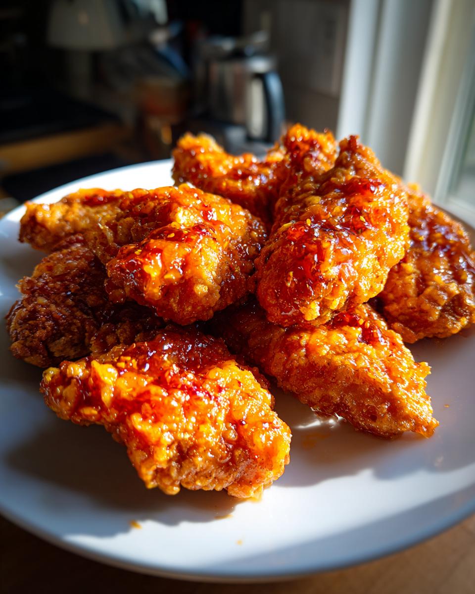 A close-up of crispy, glazed orange chicken wings piled on a white plate, glistening under natural light.