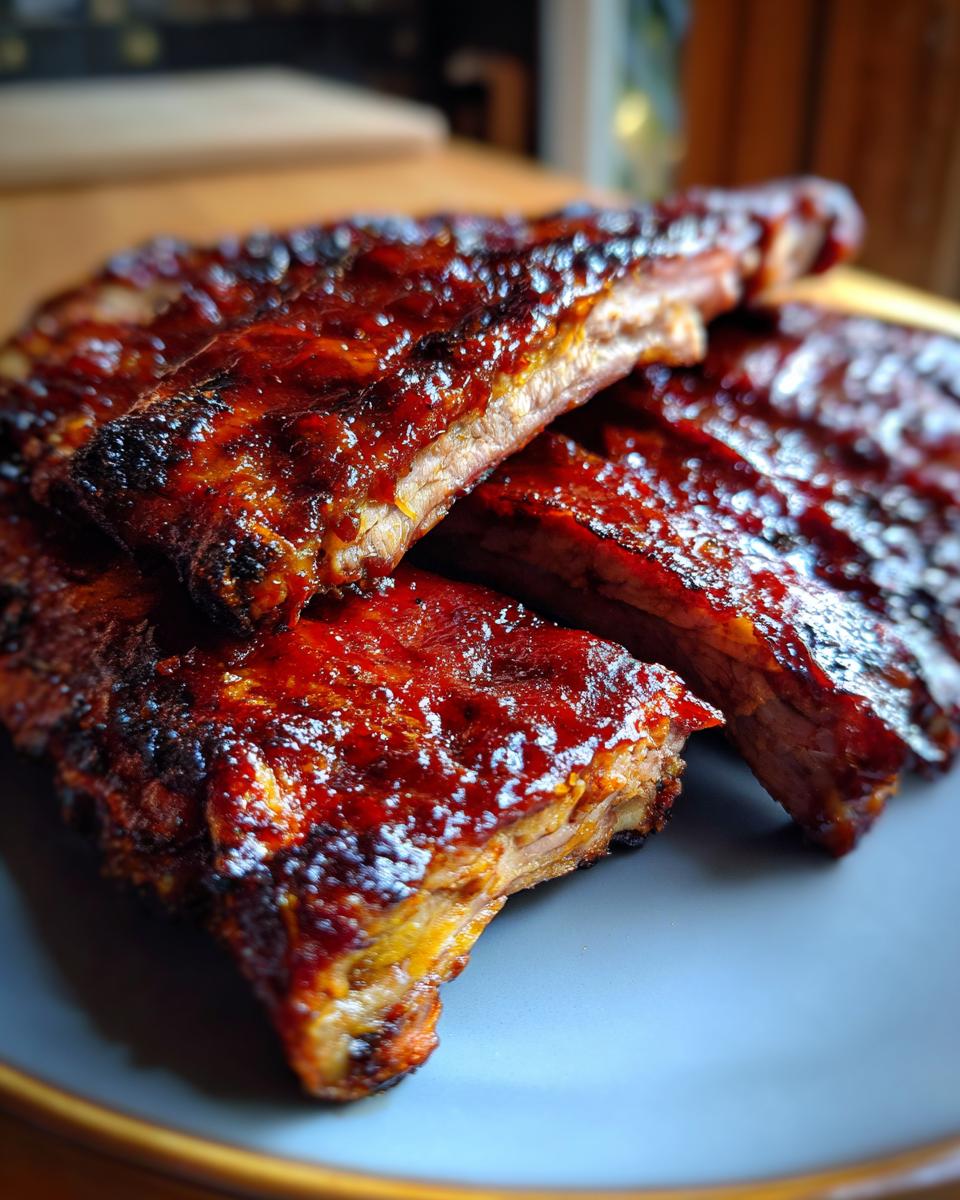 Close-up of perfectly oven baked ribs, coated in a glossy, dark red glaze, piled on a grey plate.