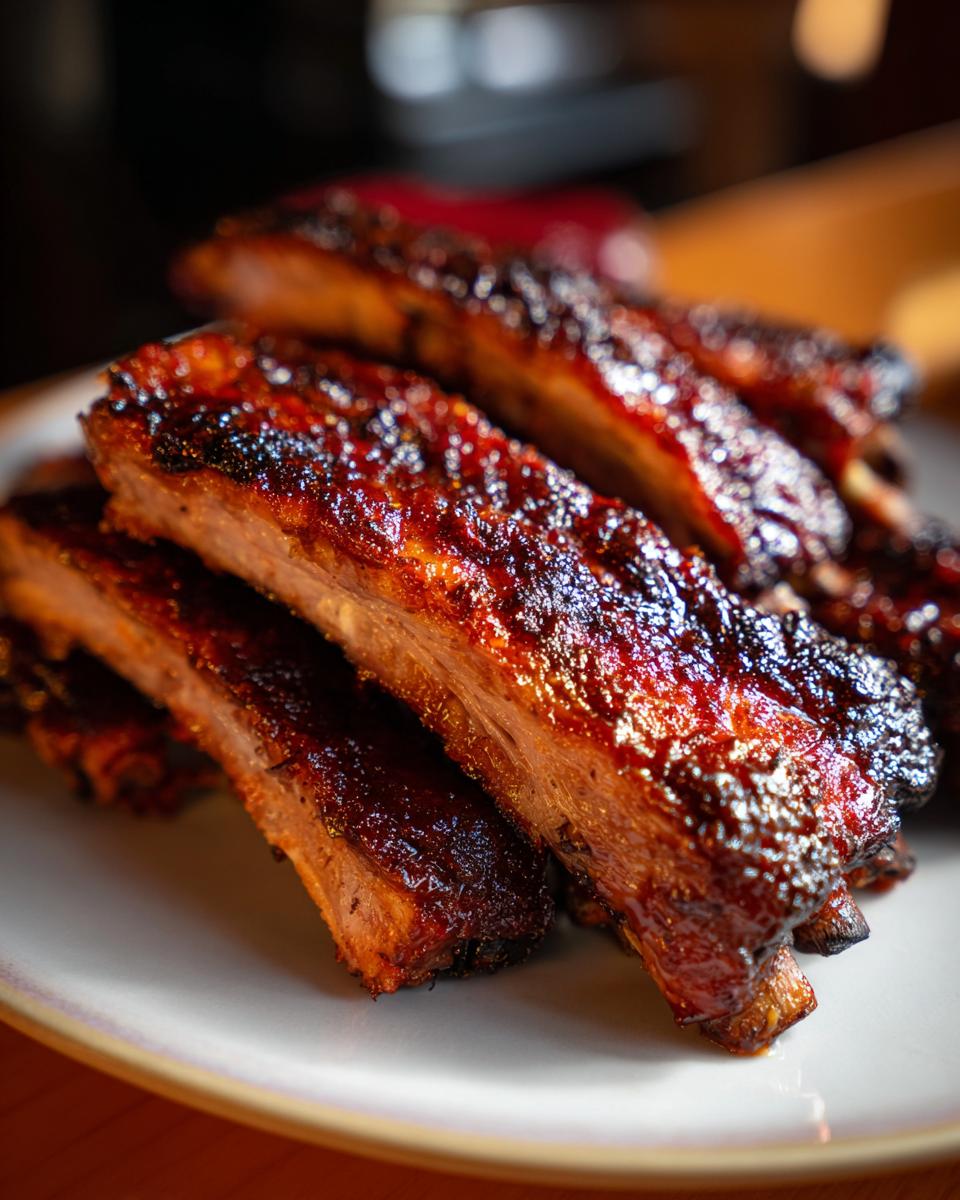 A close-up, mouthwatering view of perfectly oven baked ribs, glazed and glistening.
